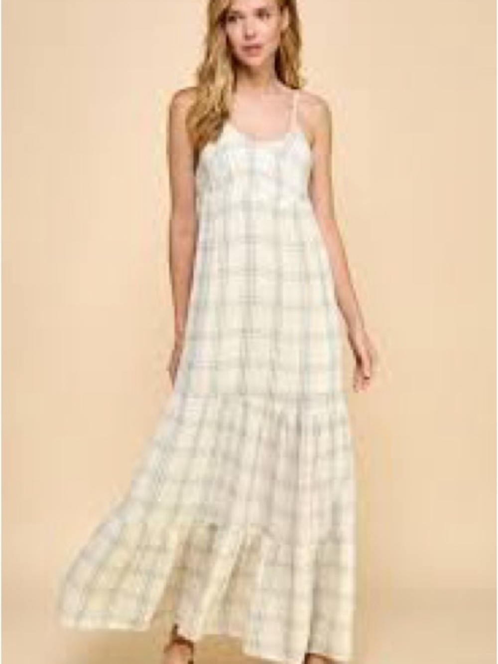 Tamara H. Plaid Tiered Maxi Sundress.
- White Cream Plaid